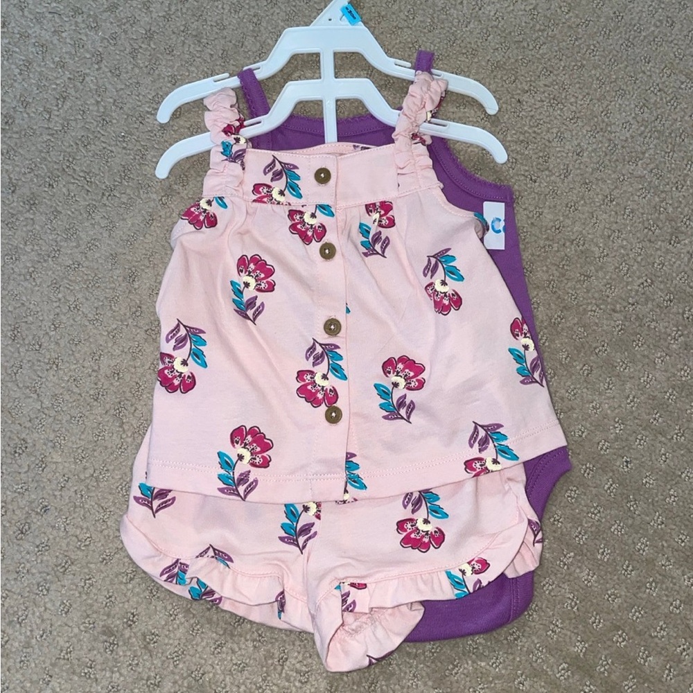 Baby Girl clothes 6 months Carters shorts outfit onesie top NEW Purple Pink 3 pc